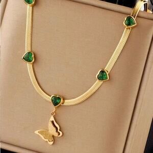 18k Golden Plated Stainless Steel Green Heart Necklace with Butterfly Pendant